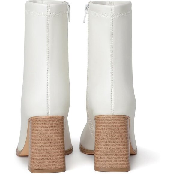 Women's White Chunky Block Heel Square Toe Side Zipper Short Booties - Picture 6 of 9
